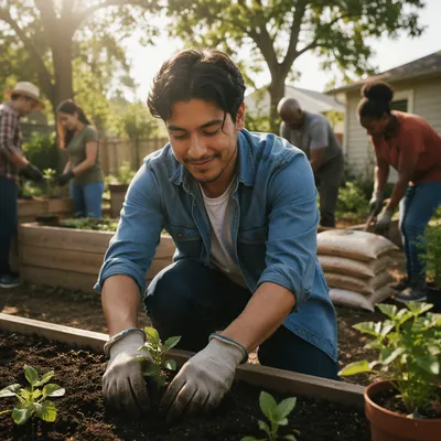 Young Man Planting Seedlings in Community Garden
