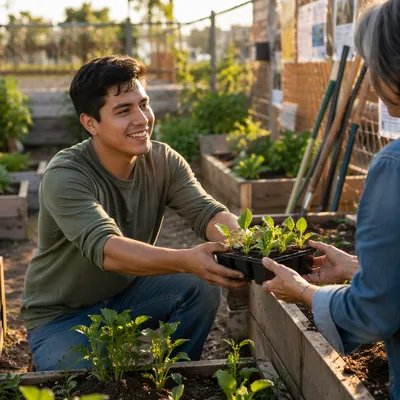 Young Man Sharing Seedlings in Garden