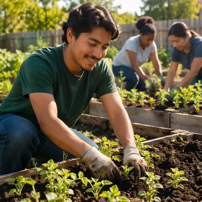 Young Man Planting Seedlings in Community Garden
