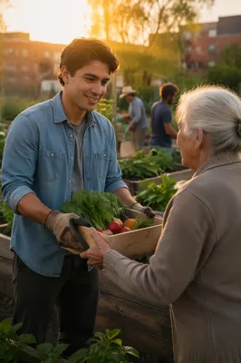 Young Man Sharing Vegetables in Garden