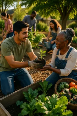 Young Volunteer Sharing Seedling in Garden