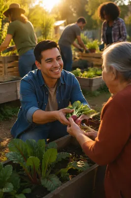 Young Man Sharing Vegetables in Garden