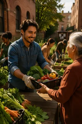 Young Volunteer Sharing Vegetables at Community Garden