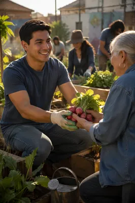 Young Man Sharing Vegetables in Garden