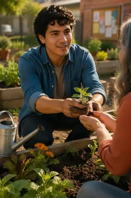 Young Man Gardening in Community Plot