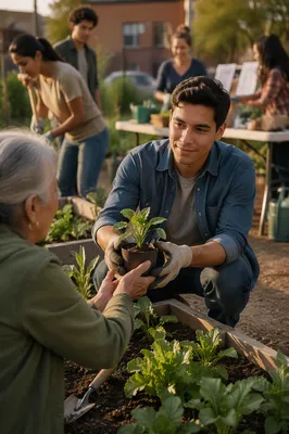 Young Man Volunteering in Community Garden