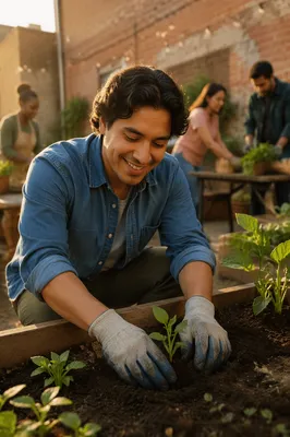 Young Man Planting Seedlings in Community Garden