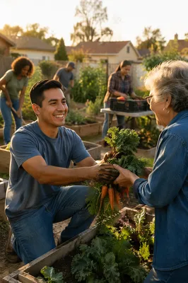 Young Man Sharing Vegetables in Community Garden