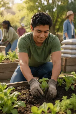 Young Man Planting Seedlings in Community Garden