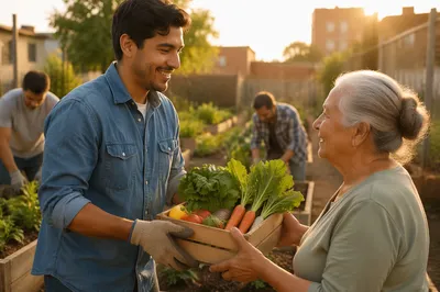 Young Man Sharing Vegetables in Community Garden