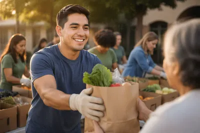 Young Man Volunteering at Food Table