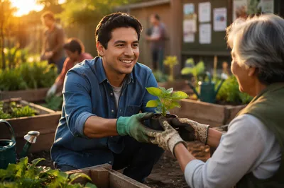 Young Man Volunteering in Community Garden
