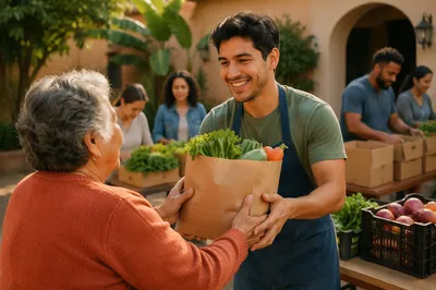 Young Man Volunteering at Food Table