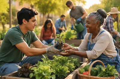 Young Volunteer Sharing Seedling in Community Garden