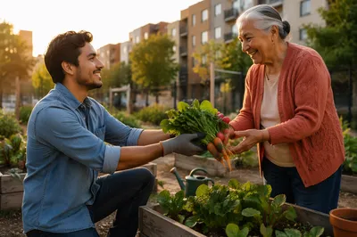 Young Volunteer Sharing Vegetables in Community Garden