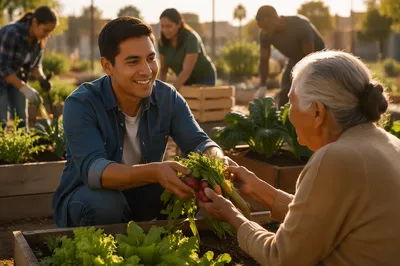 Young Man Sharing Vegetables in Community Garden