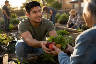 Young Man Sharing Vegetables in Community Garden
