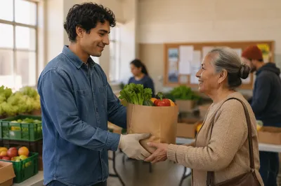 Young Volunteer Giving Groceries to Elderly Woman