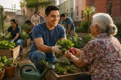 Young Man Sharing Vegetables in Community Garden