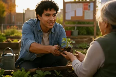 Young Man Gardening in Community Plot