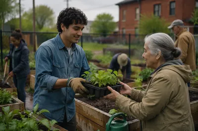 Young Man Volunteering in Community Garden