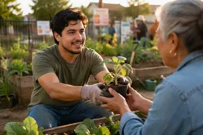Young Man Volunteering in Community Garden