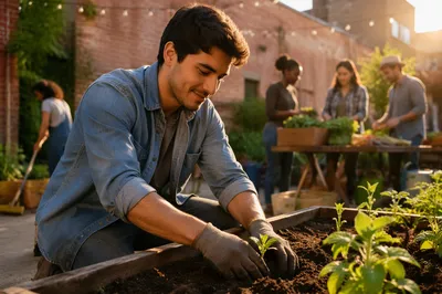 Young Man Planting Seedlings in Garden