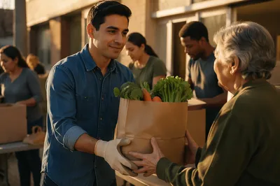 Young Volunteer Helping Elderly Woman Outdoors