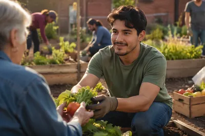 Young Man Volunteering in Community Garden