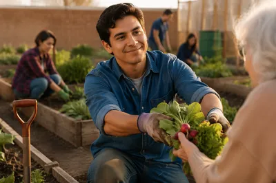 Young Man Volunteering in Community Garden