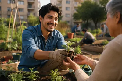 Young Man Volunteering in Community Garden