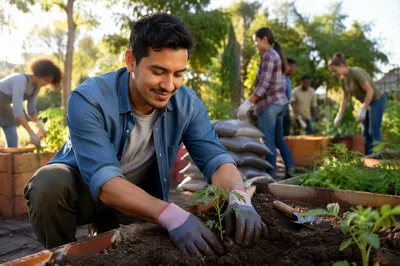 Young Man Planting Seedlings in Community Garden