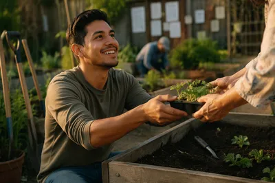 Young Man Gardening in Community Garden