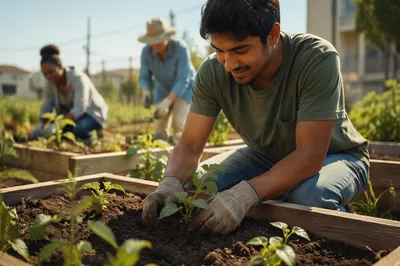 Young Man Planting Seedlings in Garden