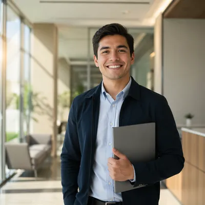 Excited Young Professional in Office Lobby