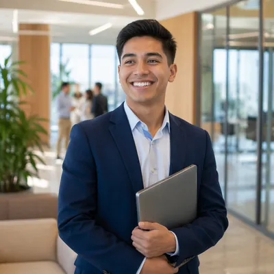 Young Professional Smiling in Modern Office Lobby