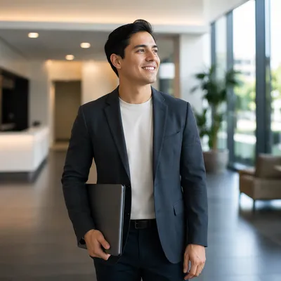 Young Professional in Modern Office Lobby
