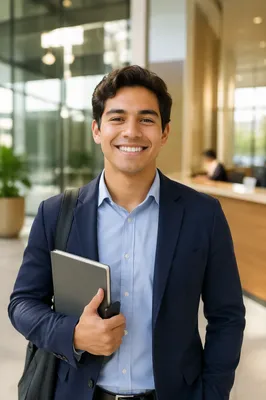 Young Professional Smiling in Office Lobby