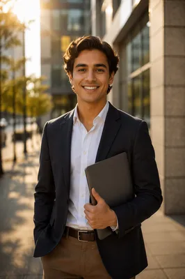 Excited Young Professional Outside Modern Office
