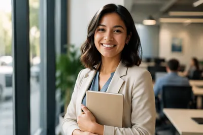 Smiling Young Professional in Modern Office