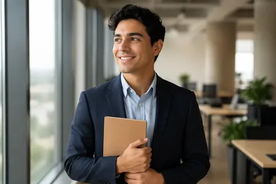 Excited Young Professional in Modern Office