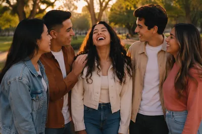 Laughing Hispanic Friends in Sunny Park