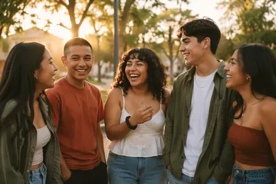 Laughing Hispanic Friends in Park Portrait