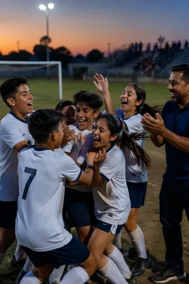Youth Soccer Team Victory Celebration at Dusk