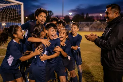 Youth Soccer Team Celebrating Victory at Dusk