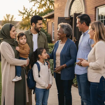 Family Welcomed Outside Brick Neighborhood Church