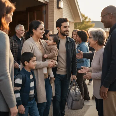 Family Welcomed Outside Neighborhood Church Hall