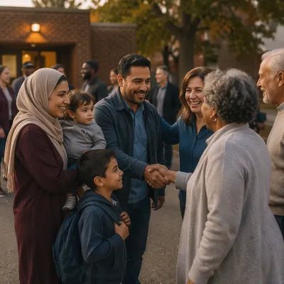 Family Welcomed by Community Outside Hall
