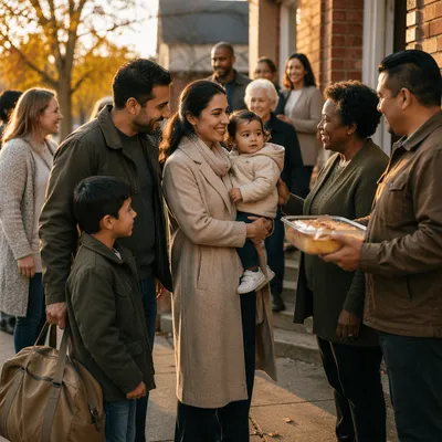 Family Welcomed by Neighborhood Community Outdoors