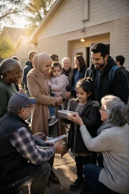 Family Welcomed Outside Neighborhood Church Hall